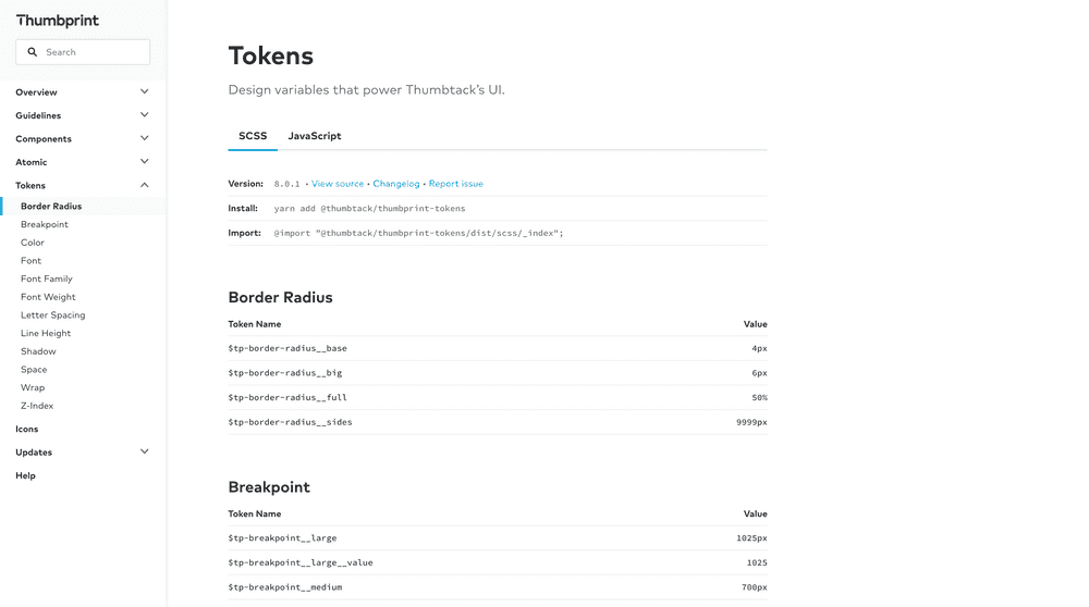 Thumbprint design token page showing platform dropdown
